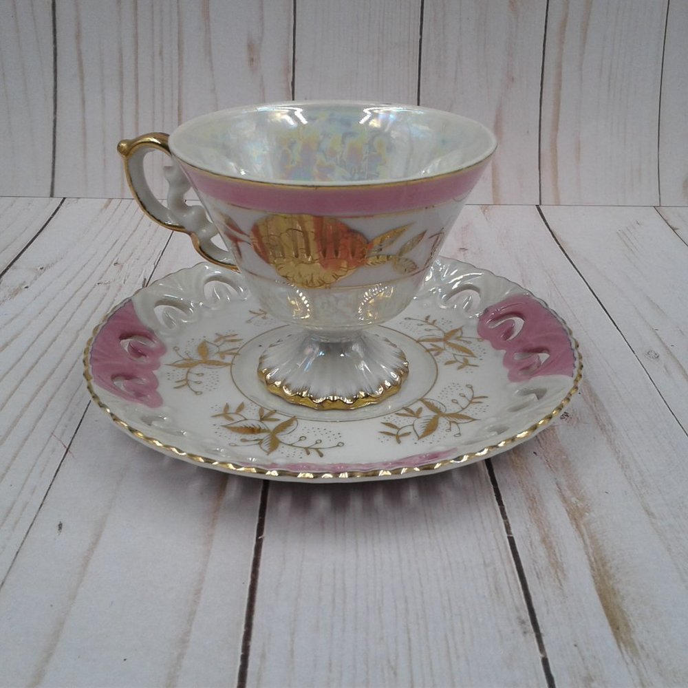 Vintage Lefton China Iridescent Tea Cup Reticulated Saucer Hand Painted NE1424R